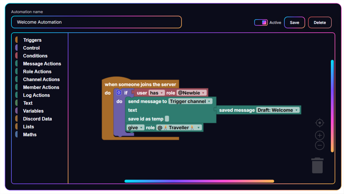 Legend's Blockly automation workspace