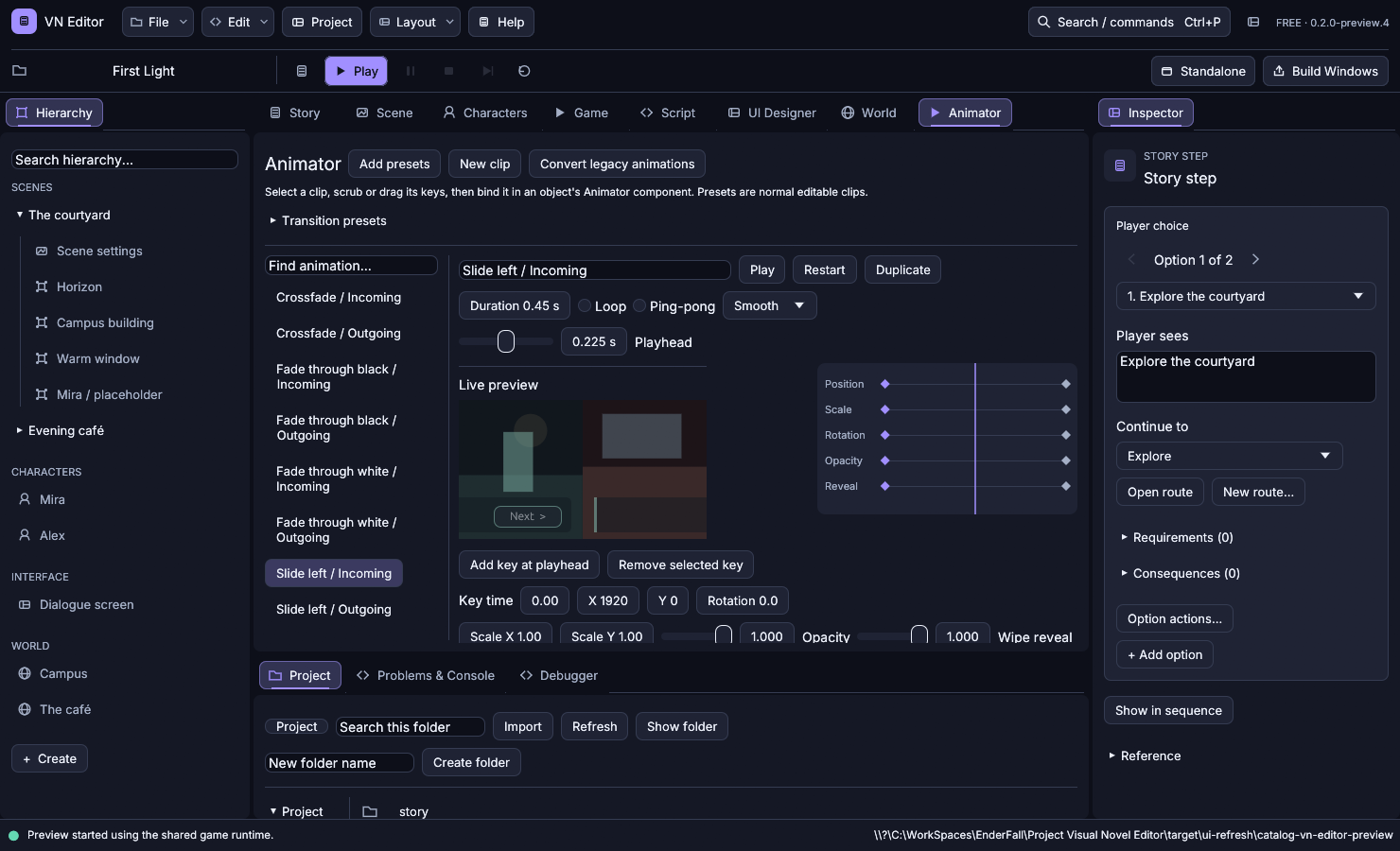 VN Editor Animator with an editable transition and sample-scene preview