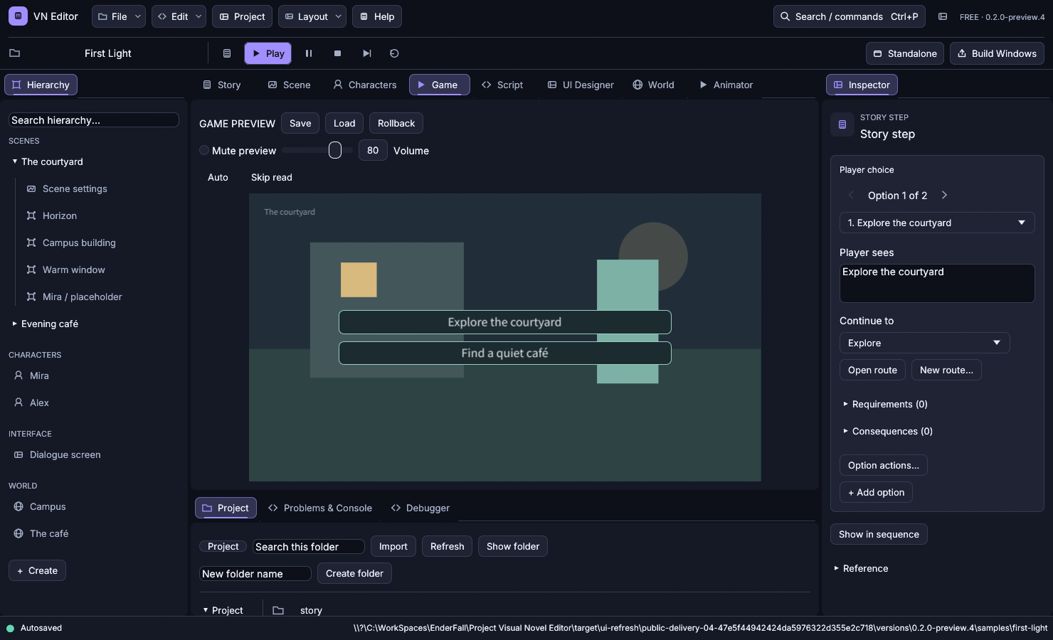 VN Editor running the First Light branching story